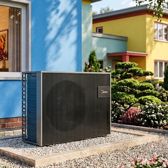 Außeneinheit einer Wärmepumpe vor farbigen Wohngebäuden